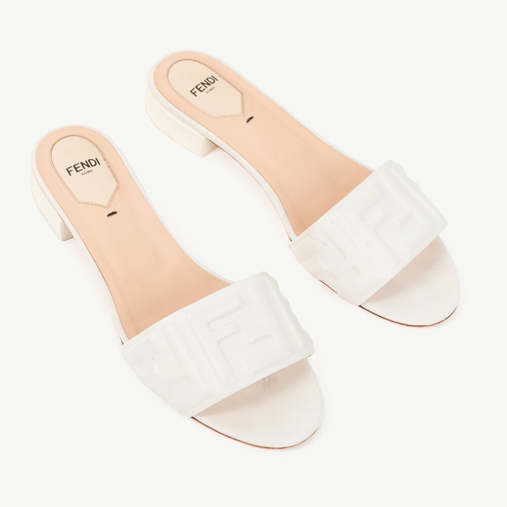 Fendi White FF-Embossed Leather Mules